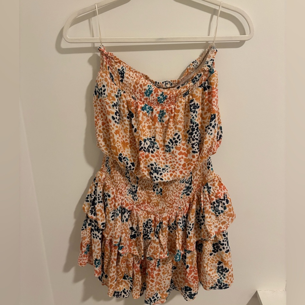 Orange and Blue Patterned Strapless Dress